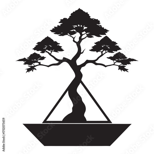 Stylized black silhouette of a bonsai tree in a geometric pot