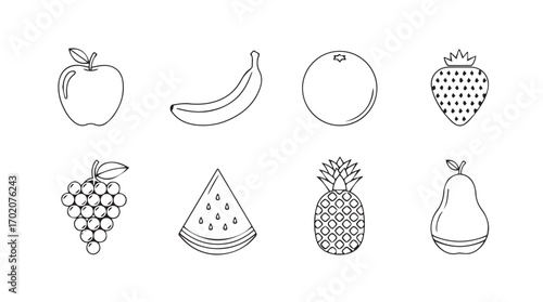 Collection of eight different fruit silhouettes in a sketch style silhouette