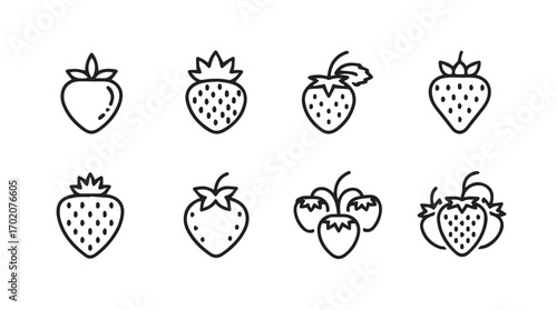 Collection of eight hand drawn strawberry icons in a simple line art silhouette style