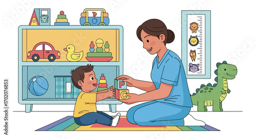 Vector Illustration of a Child and Pediatric Nurse Playing in a Toy Room in Modern Colorful Style