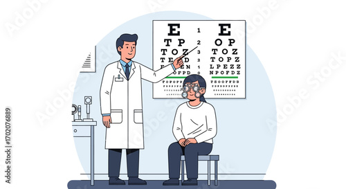 Vector Illustration of Eye Examination Scene with Doctor and Patient in Modern Medical Style Featuring Clear Eye Chart and Professional Design