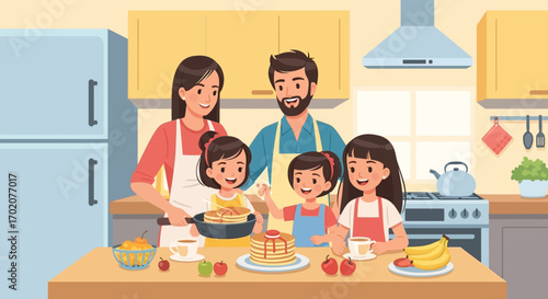 Vector Illustration of Family Celebrating in Kitchen in Modern Flat Style with Bright Colors