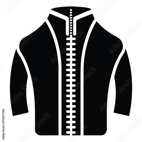 Black jacket with zipper closure vector illustration, stand collar, long sleeves stylish outerwear