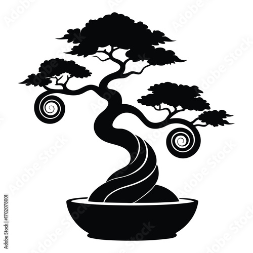 Stylized black silhouette of a twisted bonsai tree