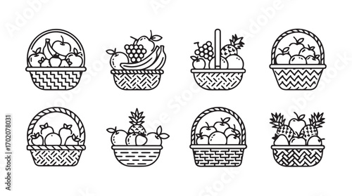 Collection of eight fruit basket illustrations in a simple line art silhouette style