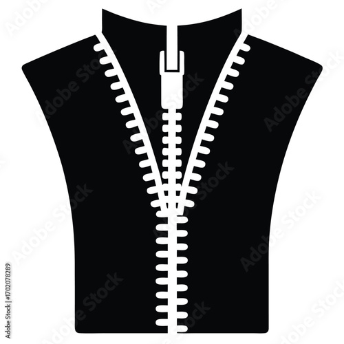 Black garment with open zipper revealing white teeth and slider on a bust form