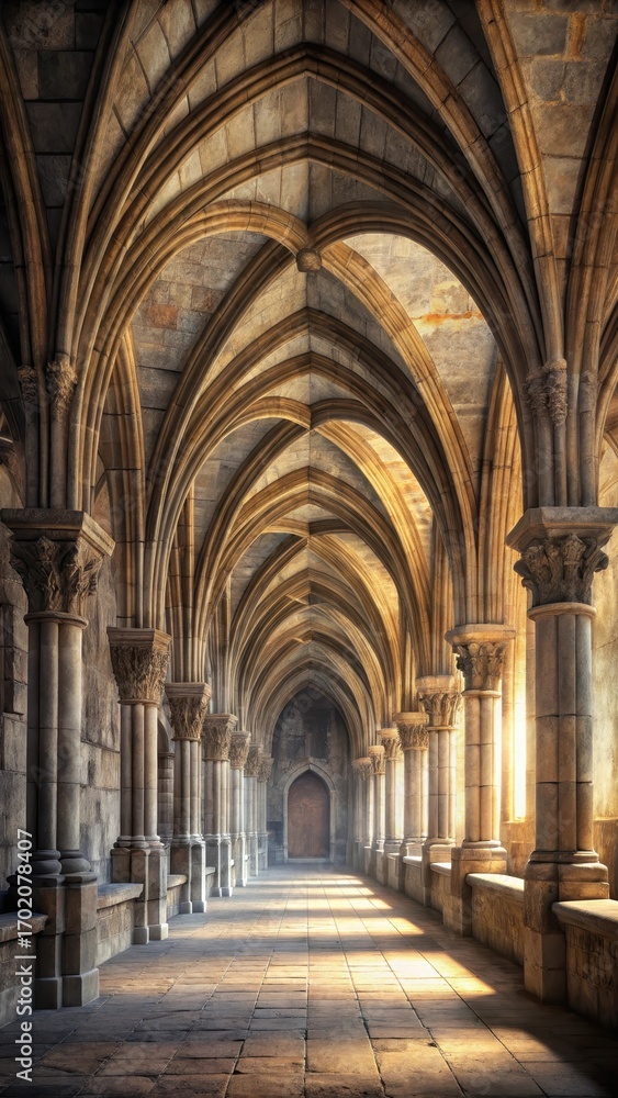 Fototapeta premium Ancient cloisters with vaulted arches and intricate stone carvings