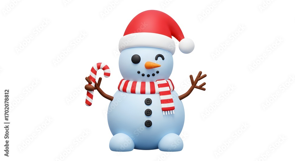 Fototapeta premium Festive snowman holding a candy cane with a friendly face