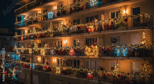 Christmas lights illuminate an apartment building at night