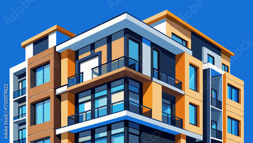 Fragment of a contemporary residential apartment building, featuring geometric lines, black-framed windows, and wooden accents, exuding elegance, modernity, and architectural precision against a brigh