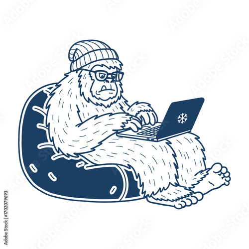 yeti wearing a beanie and glasses working on a laptop in a beanbag chair sketch