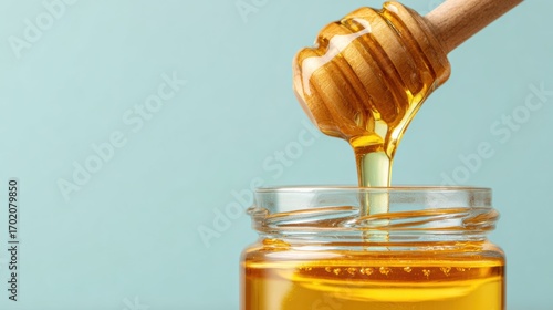 Wallpaper Mural Golden honey dripping from a wooden dipper into a glass jar on light background. Torontodigital.ca