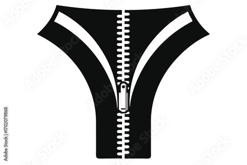 Graphic illustration of an unzipped black zipper with white edges and a slider