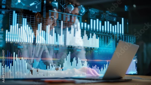 Data Analysis in Focus: A skilled analyst immersed in a dynamic interface of graphs, charts, and data visualizations, leveraging a laptop to interpret intricate information and draw insights.