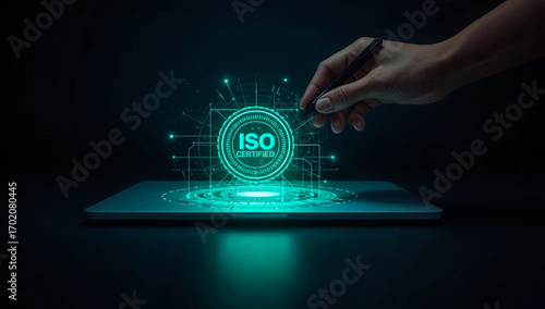 Digital ISO Certification: A hand interacts with a holographic interface projecting the prestigious ISO Certified seal, symbolizing trust and quality assurance in a high-tech setting.