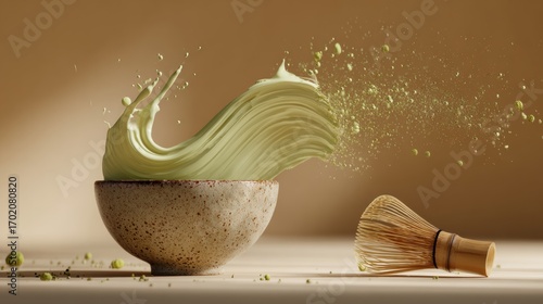 Wallpaper Mural Matcha powder splash with whisk and ceramic bowl, dynamic scene Torontodigital.ca