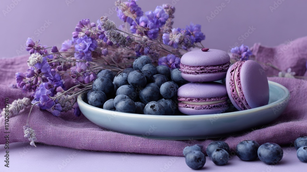 custom made wallpaper toronto digitalPurple composition with macarons, blueberries and lavender flowers