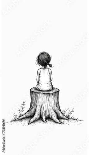 Child sitting on a tree stump in a field