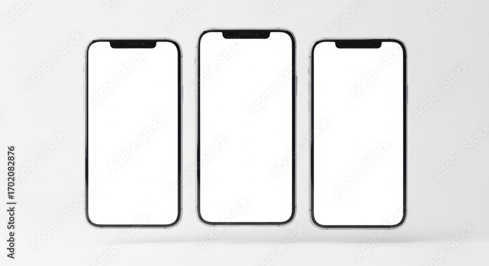 Three Modern Smartphone Devices with Black Edges and White Screens on Light Gray Background Three Modern Smartphone Devices with Black Edges and White Screens on Light Gray Background