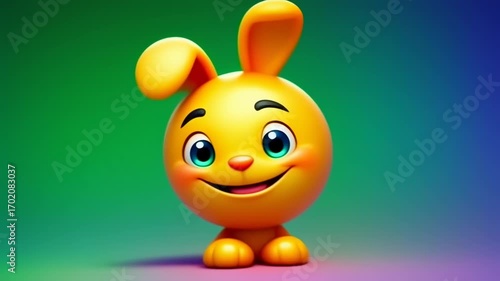 Cheerful 3D Yellow Cartoon Character with Wide Smile and Bright Eyes Radiating Happiness on a Vibrant Gradient Background