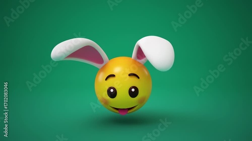 Cheerful Easter Emoji: Animated 3D Character with Bunny Ears on Green Background