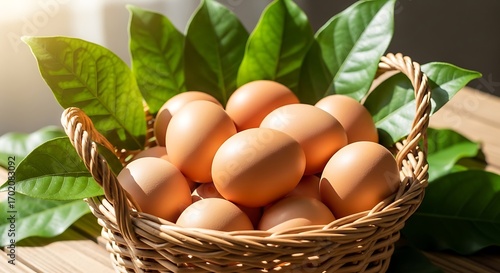 Basket of Fresh Brown Eggs with Green Leaves.
