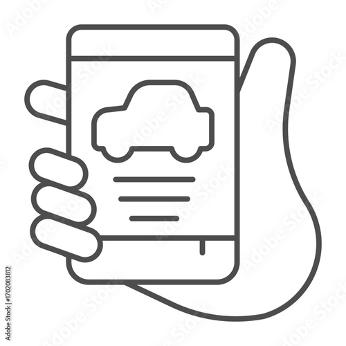 Smartphone with taxi app in hand thin line icon, drivers permit concept. Vector graphics. Hand with phone, driving sign on white background, outline style icon for mobile or web design.