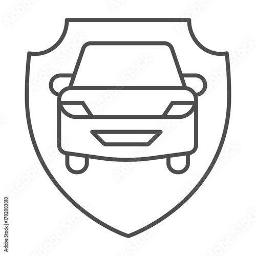 Driving school car on shield thin line icon, learners permit concept. Vector graphics. Car vehicle on emblem, safety sign on white background, outline style icon for mobile or web design.