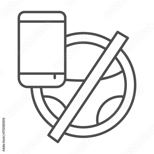 Steering wheel and smartphone thin line icon, learners permit concept. Vector graphics. Prohibition of phone talk, driving sign on white background, outline style icon for mobile or web design.