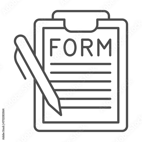 Document with pen on clipboard thin line icon, learners test concept. Vector graphics. Pen and application form sign on white background, outline style icon for mobile or web design.