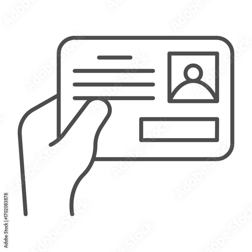 Hand with identity badge thin line icon, learners permit concept. Vector graphics. Driver license card in hand, driving sign on white background, outline style icon for mobile or web design.