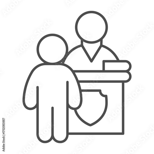Lawyer man and pedestal with judge thin line icon, jurisprudence concept. Vector graphics. Judge and lawyer with court emblem sign on white background, outline style icon of mobile or web design.
