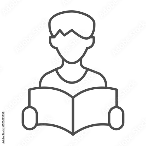 Student guy with magazine thin line icon, learners literature concept. Vector graphics. Man with book in hands, education sign on white background, outline style icon for mobile or web design.