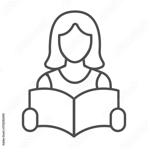 Student girl with magazine thin line icon, learners literature concept. Vector graphics. Woman with book in hands, education sign on white background, outline style icon for mobile or web design.