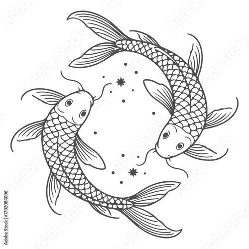 Black and White Pisces Illustration Featuring Two Stylized Koi Fish