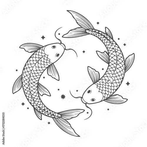 Astrological Pisces Sign with Fish and Stars in Circular Harmony