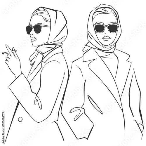 Stylish Women in Trench Coats and Headscarves