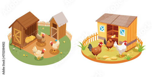 Chickens roaming around a cozy well structured vector art design illustration