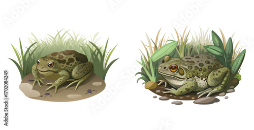 Camouflaged toad nestled in dense marsh undergrowth vector art design illustration