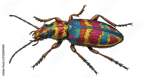 Colorful Illustrated Tiger Beetle with Detailed Legs and Antennae.