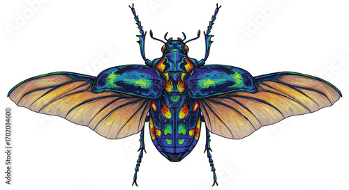Colorful Jewel Beetle Illustration with Open Wings.