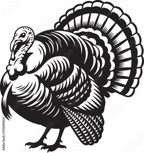 Detailed black and white illustration of a male turkey with fanned tail feathers