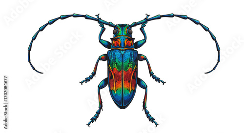 Colorful Longhorn Beetle Illustration with Detailed Antennae.