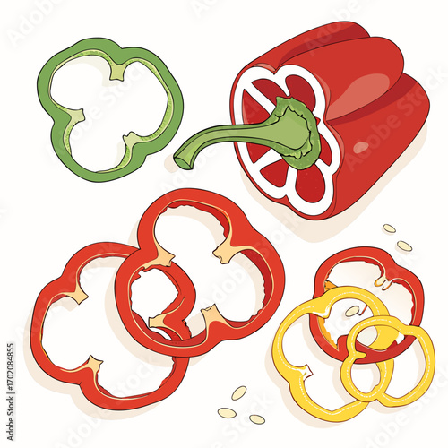 Delicious sliced bell peppers in green, red, and yellow: vibrant and fresh ingredients for cooking or healthy snacking