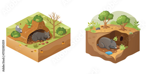 Detailed cross section of a wombat burrow nestled underground vector art design illustration
