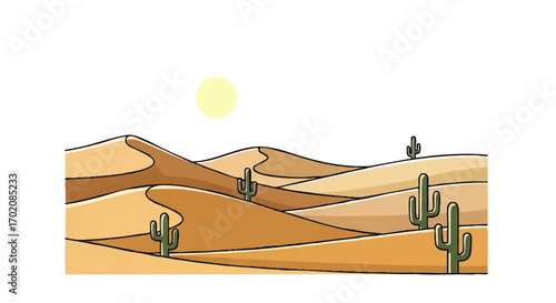 A minimalist cartoon illustration of a desert landscape with rolling sand dunes, green saguaro cacti, and a pale yellow sun.