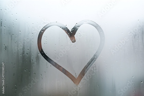 Heart shape artfully drawn in condensation on a steamy, foggy window or bathroom mirror, evoking warmth and intimacy.