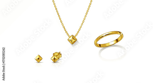 A minimalist gold jewelry set featuring a geometric star-shaped pendant, matching stud earrings, and a simple polished ring.