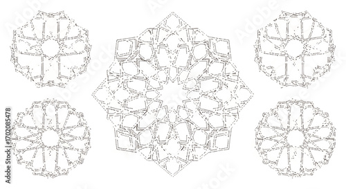 A set of five intricate geometric star patterns with a sketchy, dashed line art style.