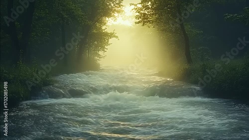 Golden morning light streams through a foggy forest, illuminating a peaceful flowing river in a tranquil woodland scene